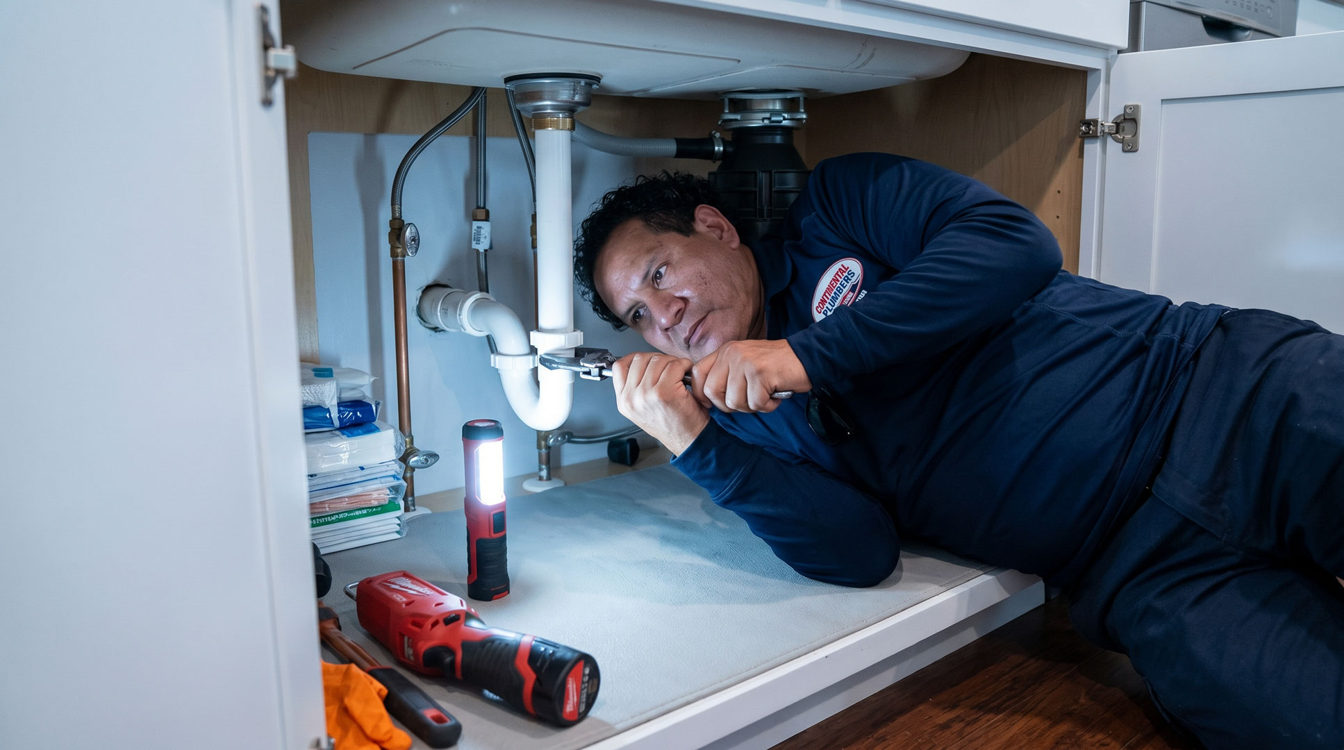Continental Plumbers technician performing a plumbing repair in a Union County New Jersey